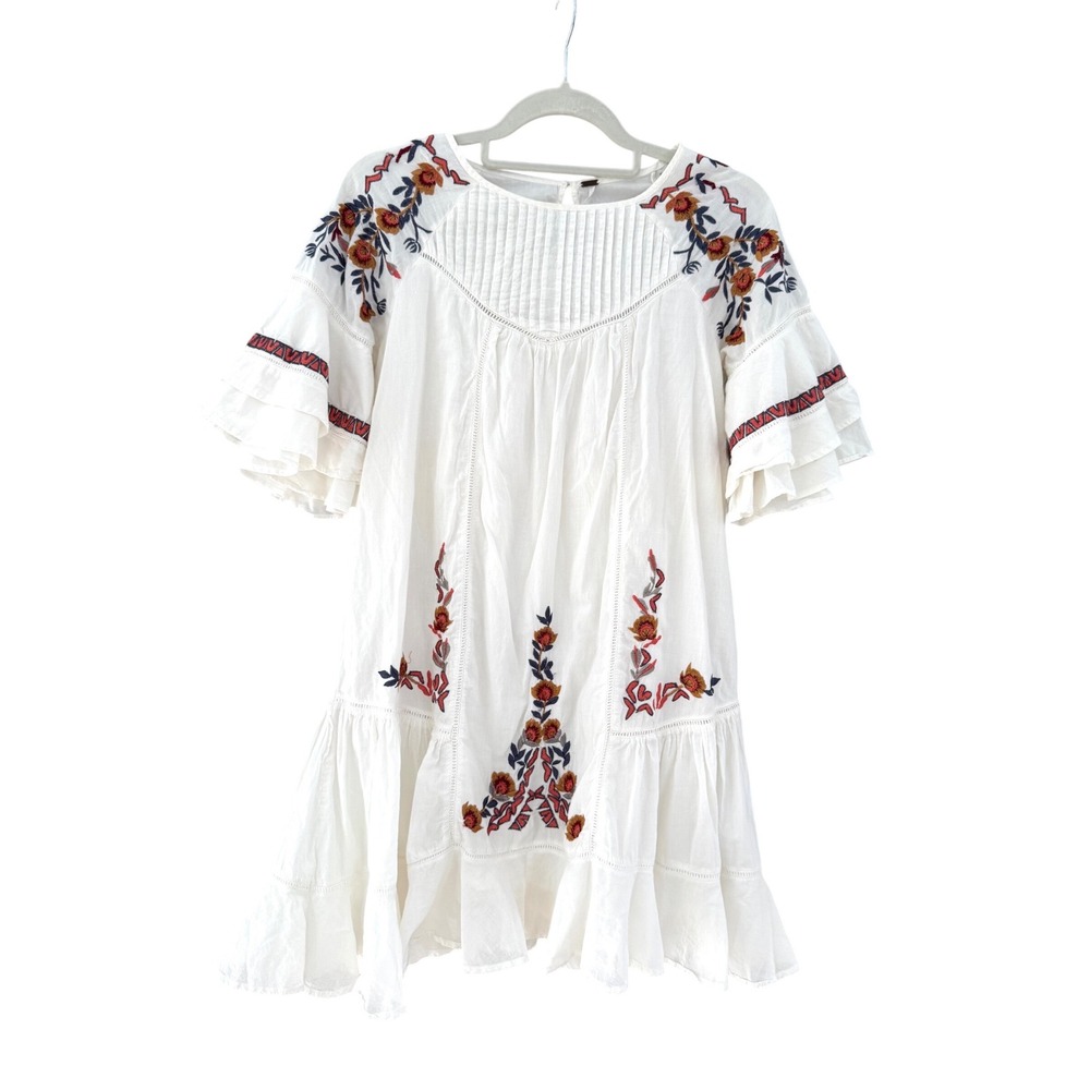 Free People Pablo Embroidered Boho Mini Dress Ruffle Sleeve, size XS - Picture 2 of 9